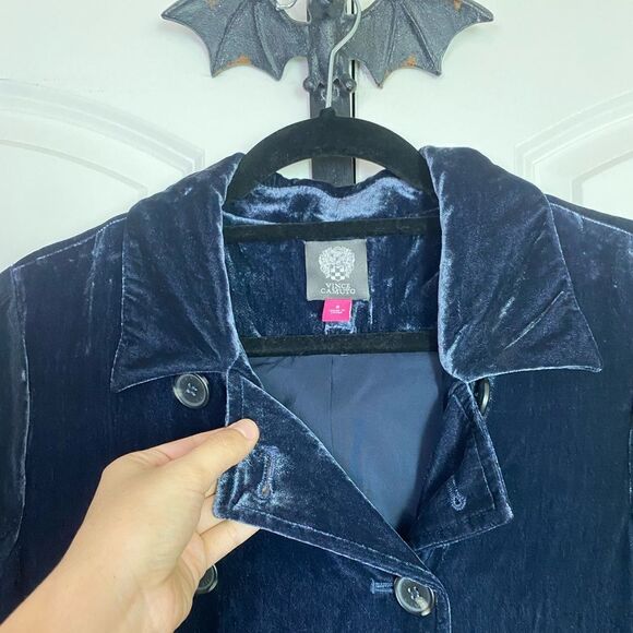 Vince Camuto Coat Vintage Inspired Navy Velvet Button Down Elegant size 8 - Picture 4 of 10